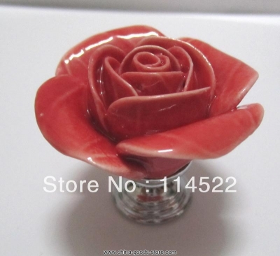 hand made ceramic red rose knobs with silver chrome base flower knob cabinet pull kitchen cupboard knob kids drawer knobs mg-16 [Door knobs|pulls-902]