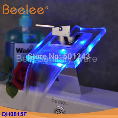 +polished chrome color changing led bathroom sink faucet mixer tap with waterfall glass spout (qh0815f)