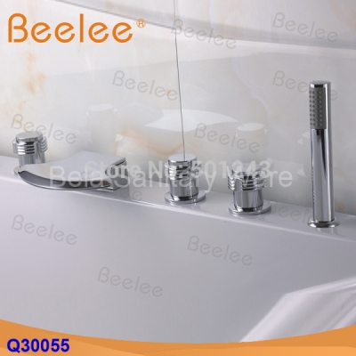 chrome finish brass waterfall bathtub faucet three handles 5pcs tub mixer tap faucet with handheld shower (q30055)