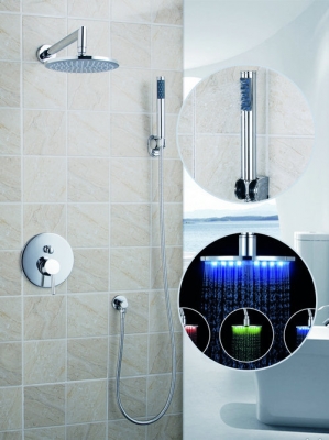 50244-42a luxury 8-inch round 3 color led shower head wall mount rainfall bathroom double-function shower faucet set , chrome