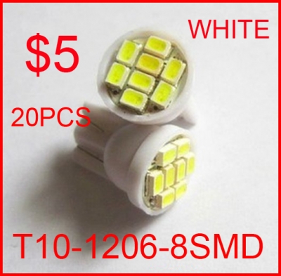 20pcs/lot white t10 8smd 8 smd 8led 8 led 194 168 192 w5w 1206 super bright auto led car led light/t10 wedge led auto lamp