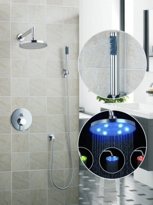 luxury 8-inch square 3 color led shower head wall mount rainfall bathroom double-function shower faucet set , chrome 50240-42a
