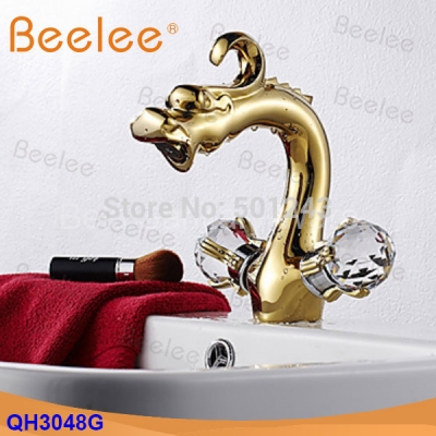 deck mounted two handle centerset rose gold finish dragon head style bathroom sink faucet basin water mixer tap (qh3048g)