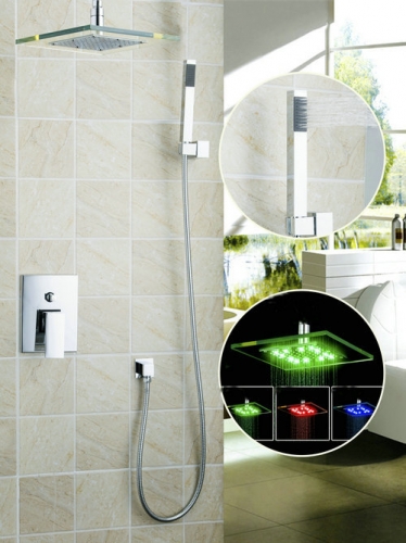 57703a luxury 10-inch rainfall square 3 color led shower head+valve bathroom wall mount double-function shower faucet set chrome