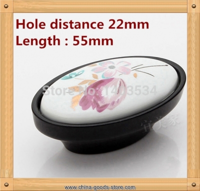 5pcs oval shape ceramic knob face 55*31mm hole c:c :21mm kitchen furniture knob drawer knob black color with tulip print