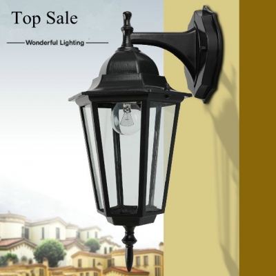 ,decorative wall mount down outdoor fixture,black finish with beveled glass,garden lights