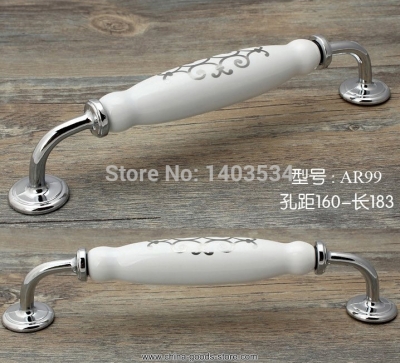 160mm zinc alloy kitchen cabinet handle white color with silver flower print porcelain drawer pulls