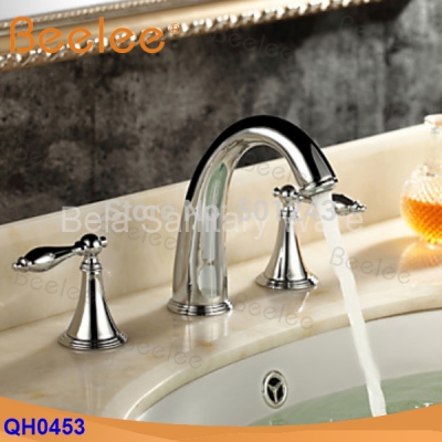 brass chromed torneira banheiro.two 2 handles 3pcs deck mounted bathroom widespread lavatory faucet.basin sink mixer tap qh0453