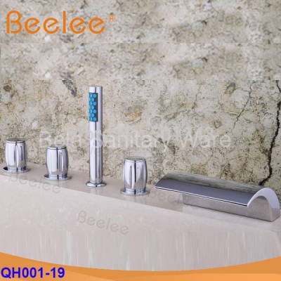 deck mounted chrome finish three handles five holes waterfall widespread tub faucet mixer (qh001-19)