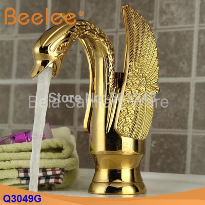 gold color swan design &cold brass bathroom sink mixer tap.single swan handle wash basin faucet.polished swan faucet(q3049g)
