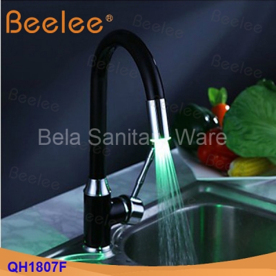 modern solid brass kitchen water powered led sink basin mixer tap chrome swivel painted black brass faucet (qh1807f)