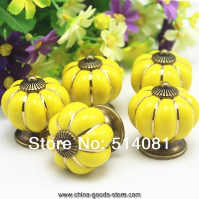5pcs yellow ceramic door cabinets cupboard pumpkins white knobs handles pull drawer 40mm
