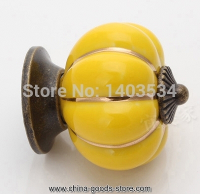 yellow color pumpkin ceramic furniture drawer knob single hole zinc alloy kitchen cupboard knob diameter 40mm