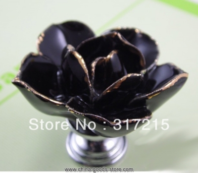 ceramic black rose knob with hand painted gold edge flower knob cabinet pull kitchen cupboard knob kids drawer knobs mg-18