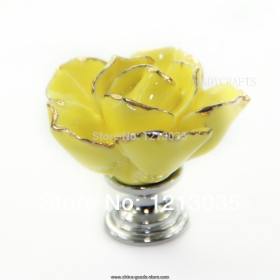 2pcs handmade yellow flower bud gold lace ceramic cabinet cupboard drawer knob pull handle