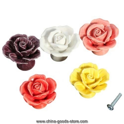 5 colors ceramic porcelain cupboard door knob drawer pull cabinet handle rose flower wardrobe door handle pull