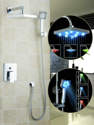 58802a luxury 8" square led shower head wall mount rainfall bathroom no need batteries double-function shower faucet set chrome