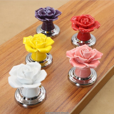 ceramic rose handles kitchen cabinet knobs handles flowers dresser closet kids bedroom furniture knobs silver base