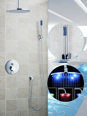 modern 8-inch round 3 color led shower head ceiling mount rainfall bathroom double-function shower faucet set , chrome 50245-22a