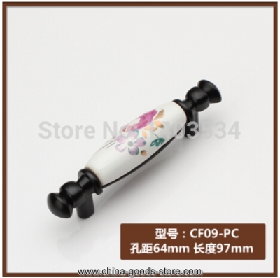 10pcs 64mm zinc alloy black handle cabinet ceramic handle drawer pulls tulip flower print