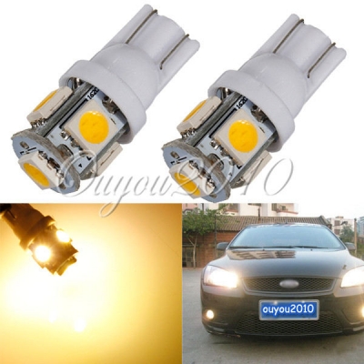 2pcs/lot warm white 3000k t10 w5w 5 smd 5050 led car auto license plate wedge side lights lamp bulb 12v yellow