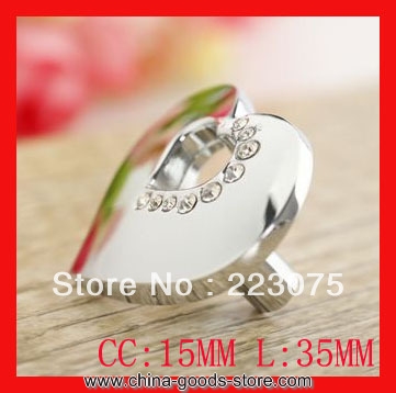 silver love shape crystal handle rheinstone drawer knobs furniture door pull 10pcs/lot