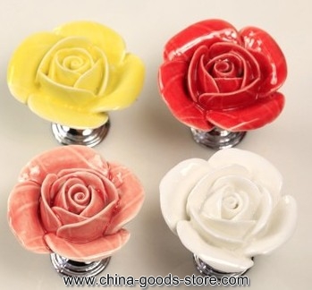 45mm rose flower ceramic kichen cabinet drawer knob handle white red yellow silver dresser cupboard furniture handle pull knob