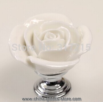 hand made ceramic white rose knob with silver chrome base flower knob cabinet pull kitchen cupboard knob kids drawer knobs mg-16