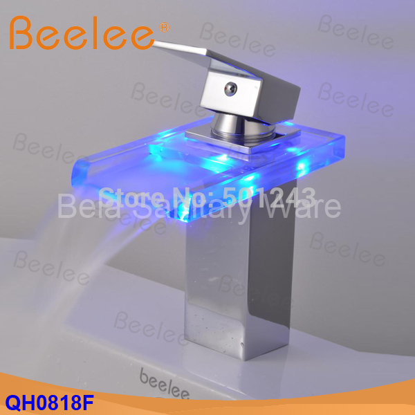 +solid brass glass spout color changing led light waterfall basin faucet bathroom (qh0818f)