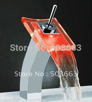 waterfall colorful light faucet battery powered chrome bathroom basin sink mixer glass and brass material tap cm0841